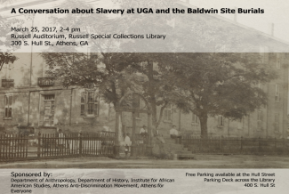 A photograph of the program for A Conversation About Slavery at UGA and the Baldwin Site Burials which shows enslaved African American workers sitting by the UGA arches.