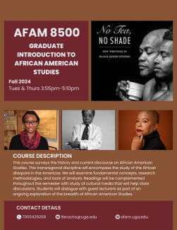 Flyer for AFAM 8500 a graduate intro to AFAM 8500 including pictures of texts and writers that will be covered in the course