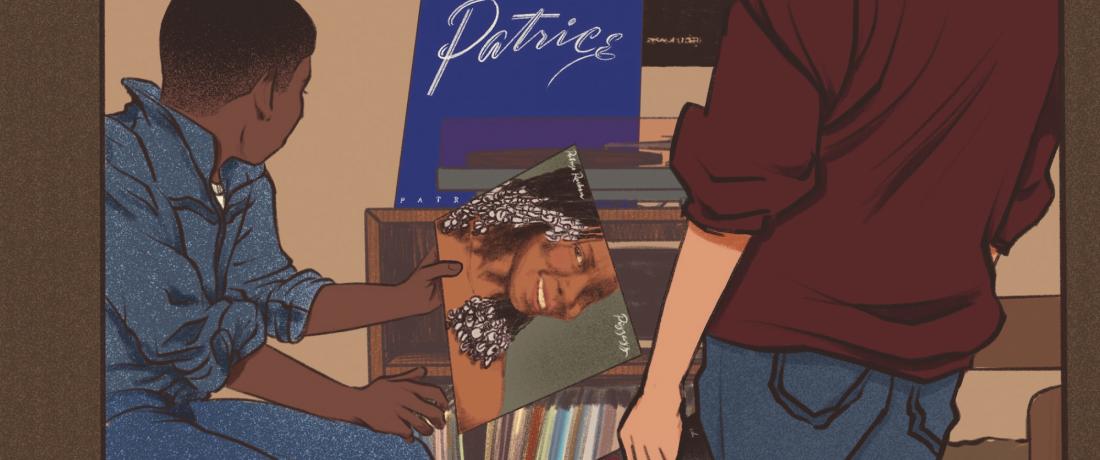 Two adolescent boys are in a bedroom. One is sitting on a bed and the other is standing in the doorway. They are holding vintage records of Anita Baker and Patrice Rushen. They're are vintage Porsche posters on the wall. The bedroom they sit in is slightly messy and one is white and the other is Black.