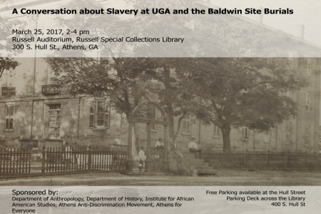 A photograph of the program for A Conversation About Slavery at UGA and the Baldwin Site Burials which shows enslaved African American workers sitting by the UGA arches.  
